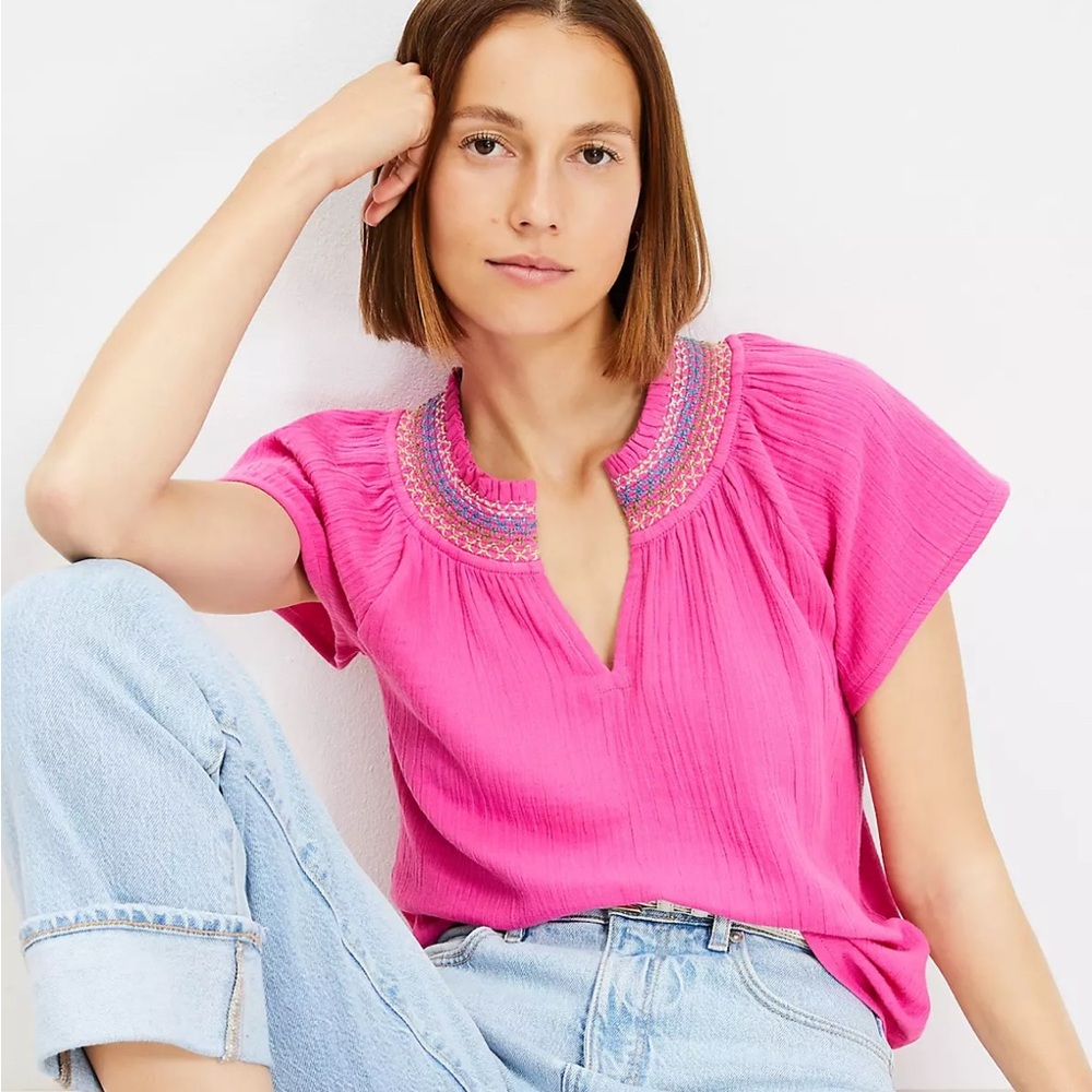 Loft Pink Smocked Neck Mixed Media Top